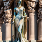 Blue-skinned female figure in traditional Indian attire against ornate temple backdrop