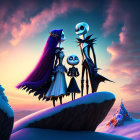 Stylized animated characters on snowy cliff with sunset sky.