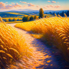 Golden wheat fields painting with rolling hills and blue sky