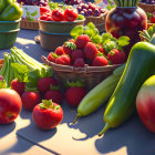 Assorted fresh fruits and vegetables: strawberries, tomatoes, grapes, zucchinis, green bell