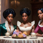 Vintage Attired Women with Elaborate Hairstyles Enjoy Tea at Table