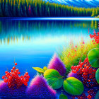 Colorful lakeside illustration with lush foliage and red berries.