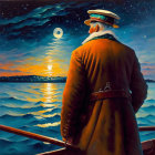 Naval uniform figure gazes at surreal sea under gradient sunset and moon reflecting sunlight.