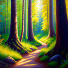 Scenic forest path with sunlight filtering through trees