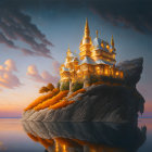 Fantastical floating island with golden castle at sunset