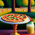 Pepperoni and Green Bell Pepper Pizza on Pedestal Table in Surreal Outdoor Setting