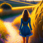 Woman in Blue Dress Walking Through Golden Wheat Field at Sunset