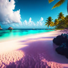 Pink sand beach with turquoise water, palm trees, volcanic rocks under blue sky