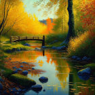 Tranquil stream and wooden bridge in vibrant autumnal setting