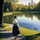 Vintage Attired Woman Gazing at Lake with City Skyline Reflection