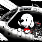 Cartoon beagle pilot with vintage aircraft and aviation theme.