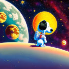 Cartoon Dog in Spacesuit on Colorful Planetary Surface