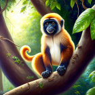 Colorful Monkey with Blue Facial Features in Green Forest