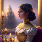 Regal woman in golden dress gazes out window at twilight.