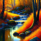 Colorful autumn forest with cascading stream and radiant trees in warm light