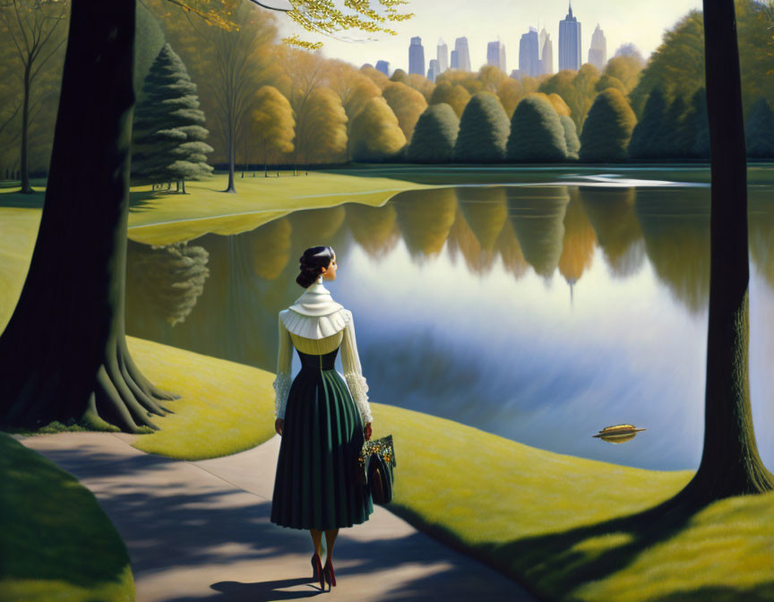 Vintage Attired Woman Gazing at Lake with City Skyline Reflection