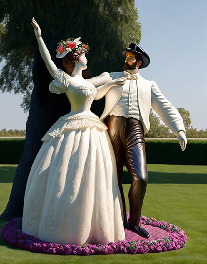 Vibrant statue of man and woman dancing in nature