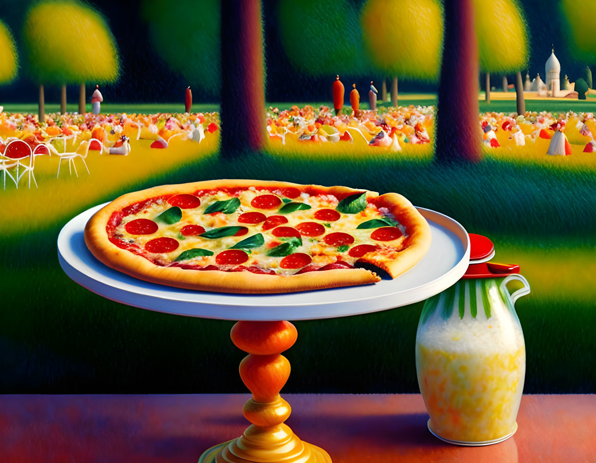 Pepperoni and Green Bell Pepper Pizza on Pedestal Table in Surreal Outdoor Setting