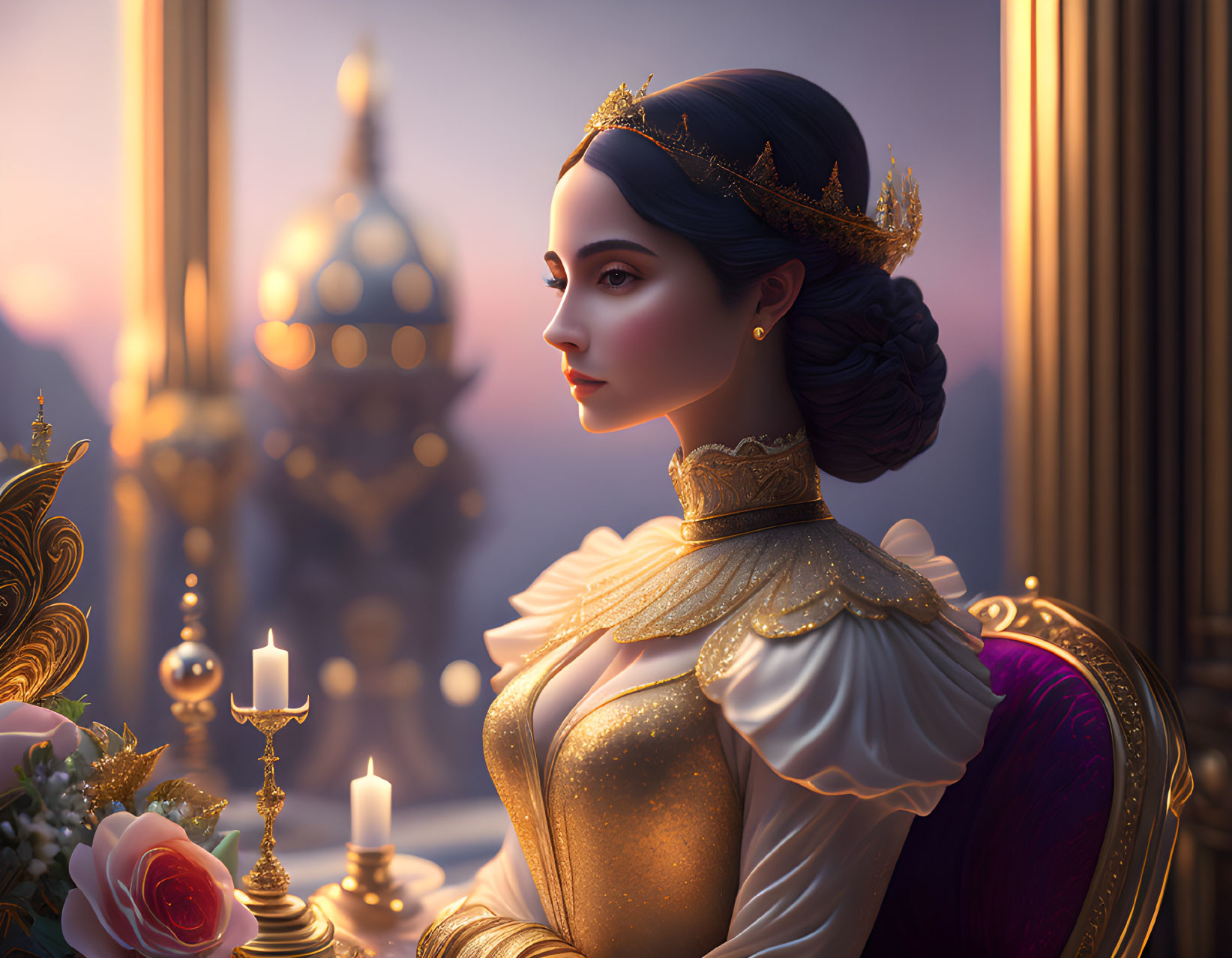 Regal woman in golden dress gazes out window at twilight.