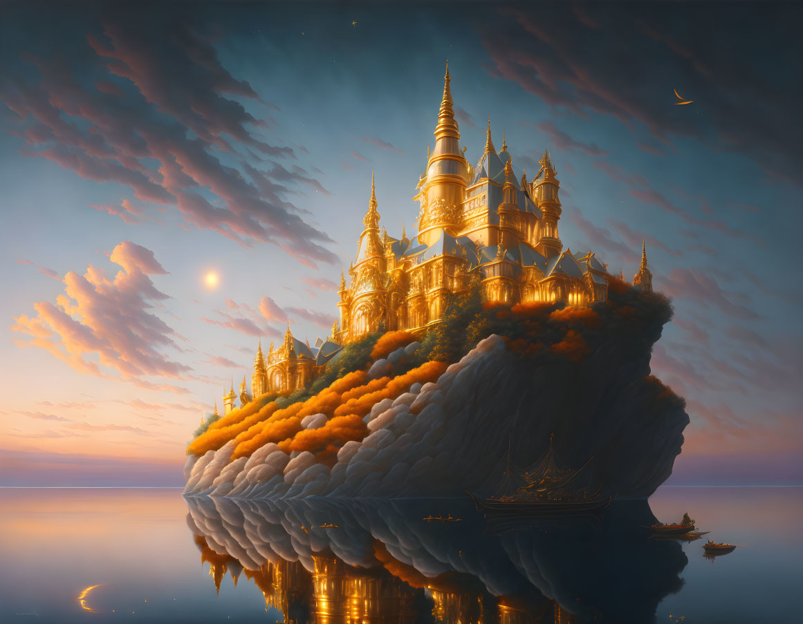 Fantastical floating island with golden castle at sunset