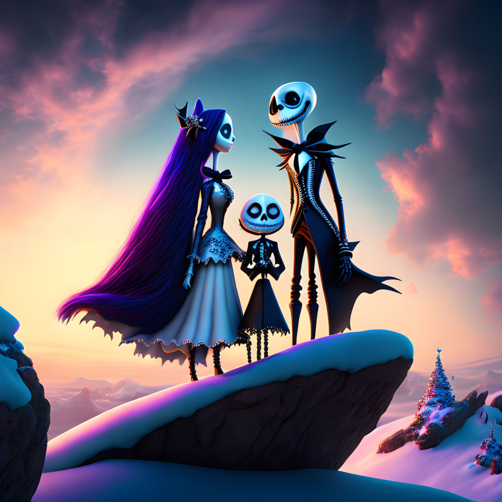 Stylized animated characters on snowy cliff with sunset sky.