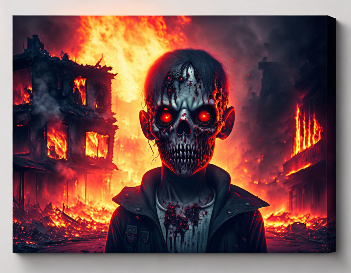 Zombie with glowing red eyes in front of blazing inferno and burning buildings.