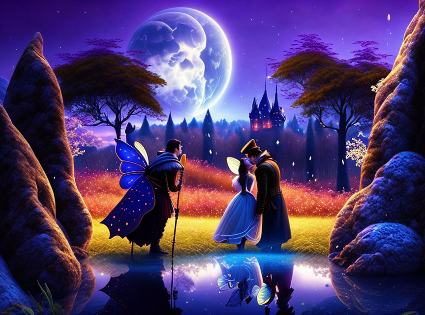 Fantasy night landscape with moon, regal couple, fairy, and castle