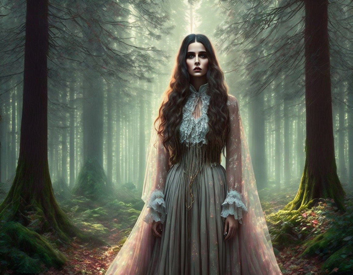 Vintage-dressed woman in misty forest with sunlight filtering through trees