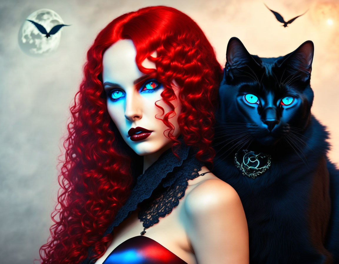 Red-haired woman and black cat under crescent moon and flying bats.