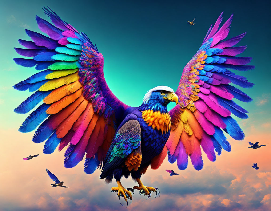 Colorful Eagle Flying in Sunset Sky: Digitally Altered Image