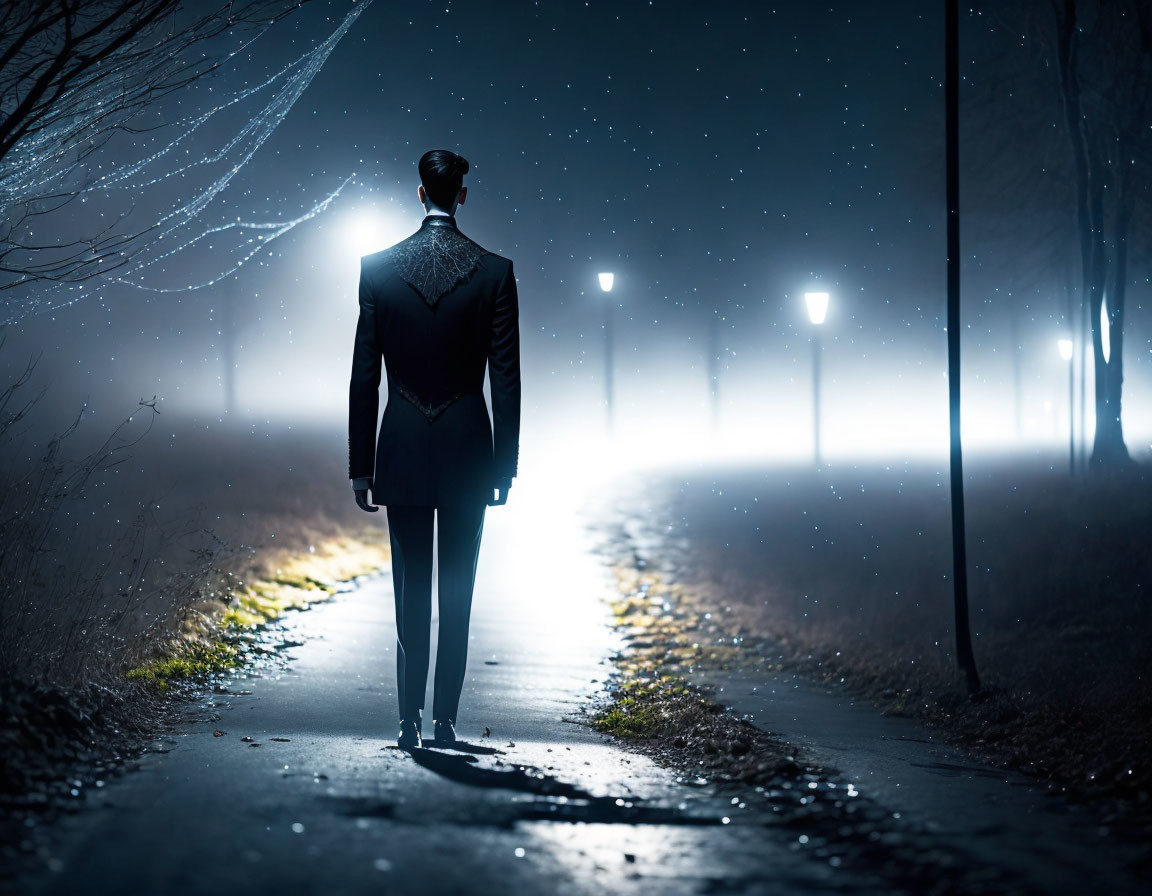 Person in Suit Stands on Foggy, Illuminated Night Path