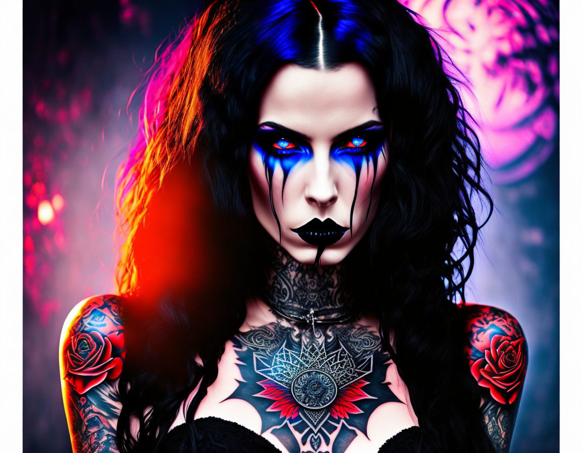 Woman with Black and Blue Hair, Blue Eyes, and Elaborate Tattoos on Colorful Background