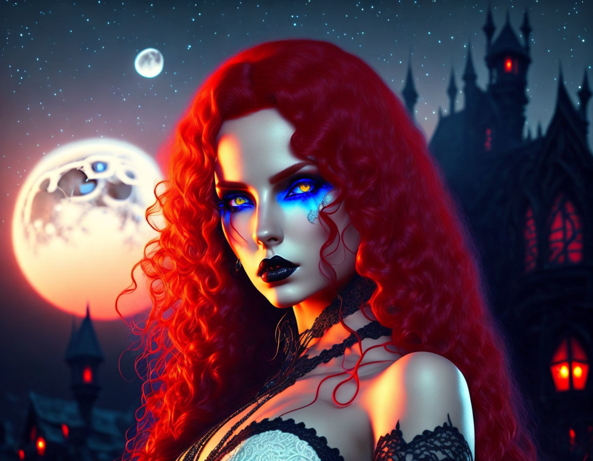 Digital artwork: Mystical woman with red hair, blue eyes, fair skin against Gothic castle & full