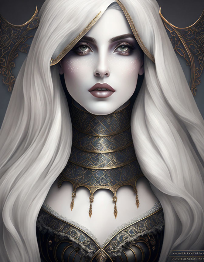 Fantasy female character with silver hair, pale skin, striking makeup, gold and black armor