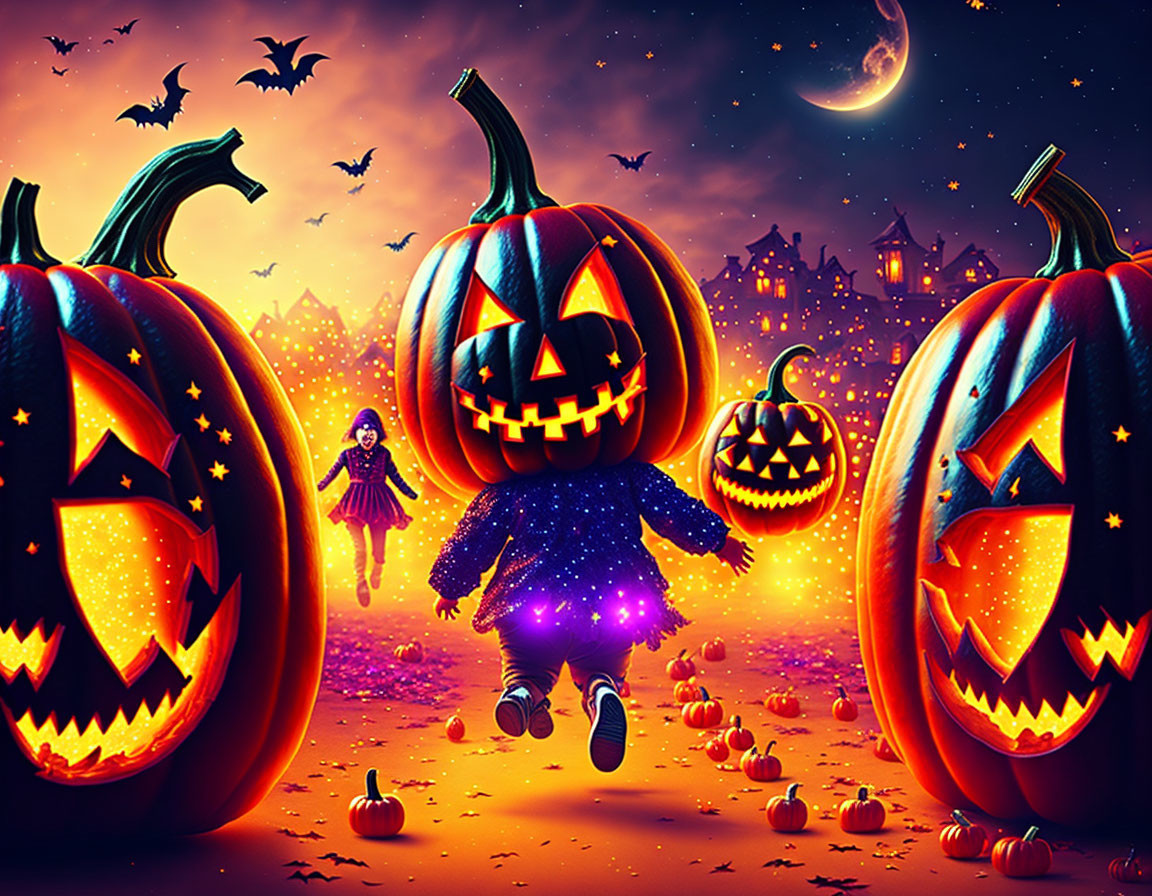 Three Carved Pumpkins, Child Witch, Bats in Halloween Night Sky