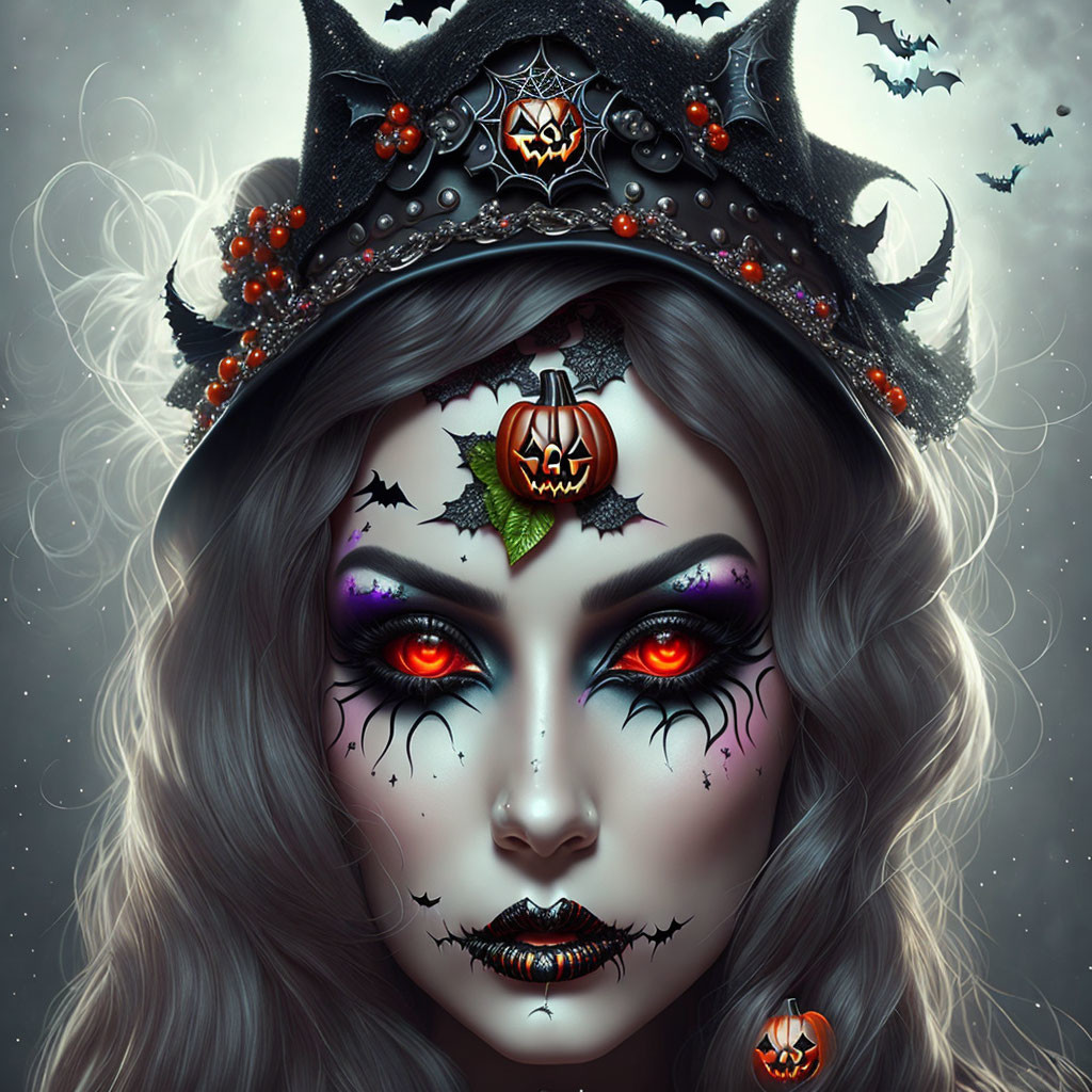 Woman with Halloween-themed skull makeup, bats, vibrant eyes, crown with pumpkins.