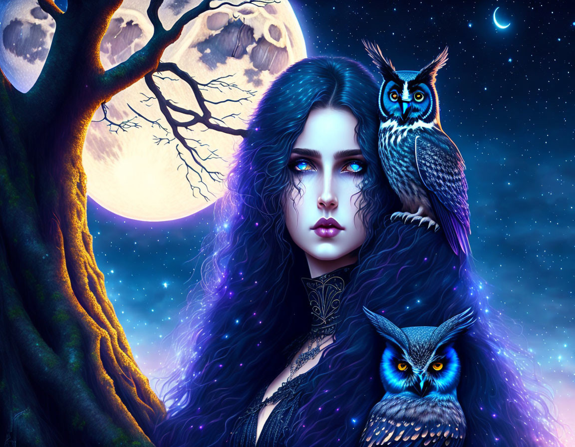 Digital Artwork: Woman with Long Wavy Hair, Blue Eyes, Owls, Full Moon