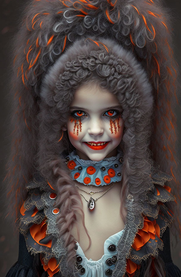 Girl in dark frilled costume with striking makeup and whimsical gothic hair.