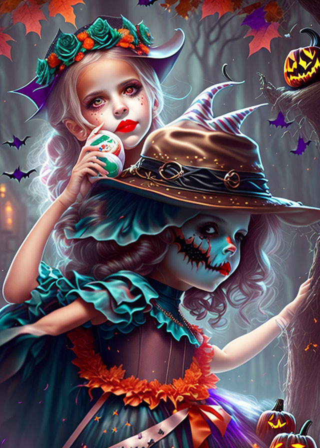 Two girls in witch costumes with face paint in Halloween setting