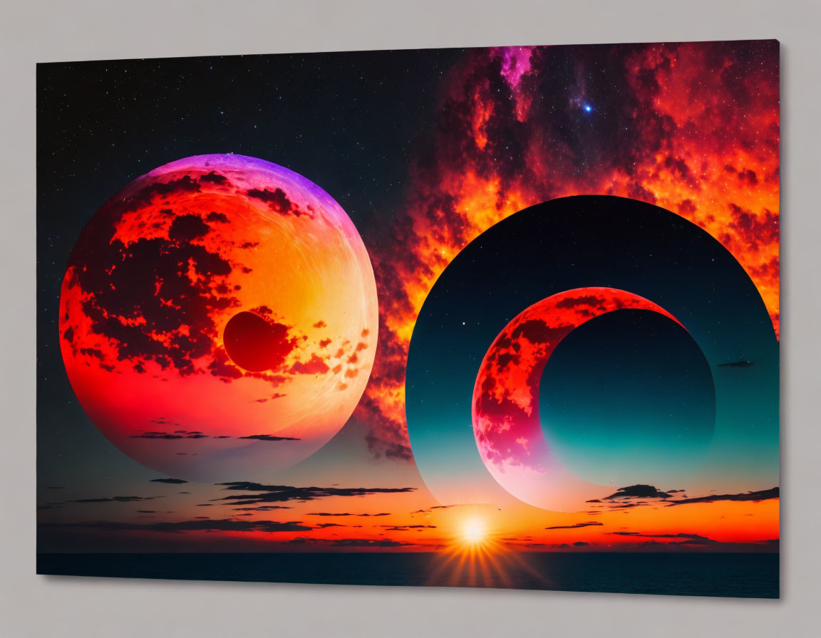 Surreal cosmic scene with vibrant celestial bodies and setting sun