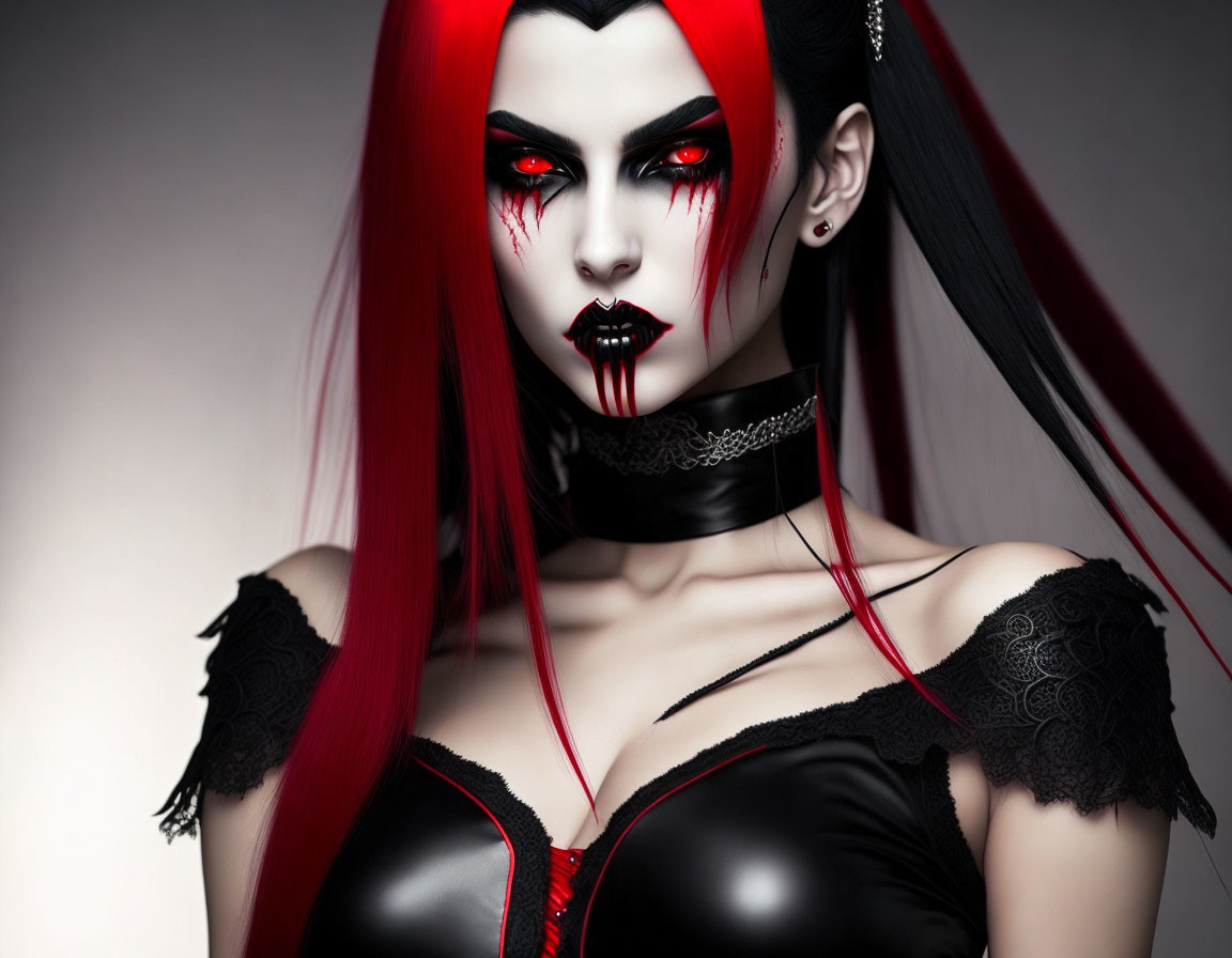 Stylized image of woman with red and black hair and vampire-like makeup