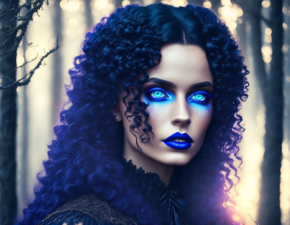 Woman with blue eyes, blue lipstick, curly black hair in mystical forest with piercing light