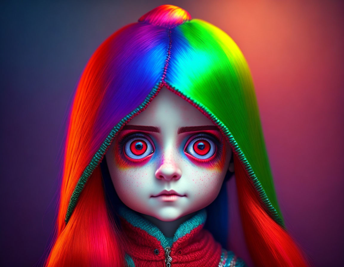 Colorful doll with large blue eyes and rainbow hair under vibrant light