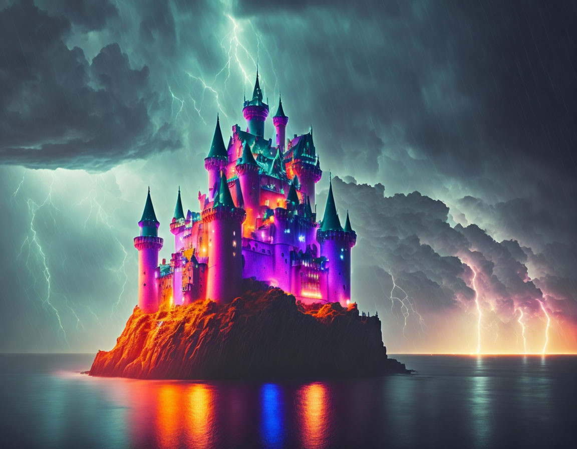 Fantasy castle on cliff in stormy sea with lightning bolts