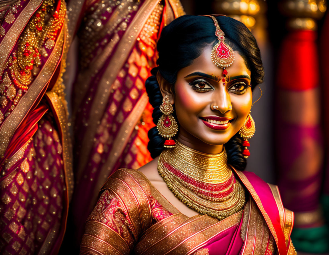 Traditional Red Saree with Gold Embroidery and Jewelry on Smiling Woman