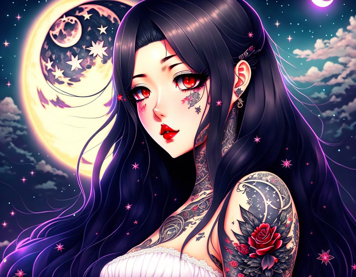 Illustrated female character with black hair, red eyes, tattoos, under starry night sky and large