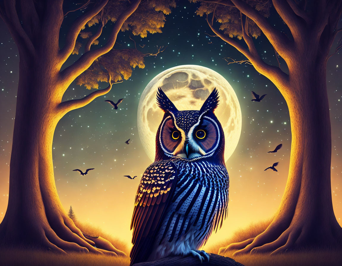 Illustrated owl in front of full moon with bats and silhouetted trees