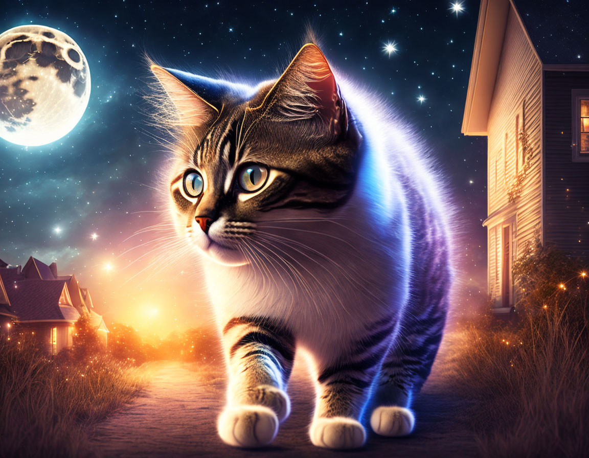 Tabby Cat Walking on Village Road Under Starry Sky with Full Moon