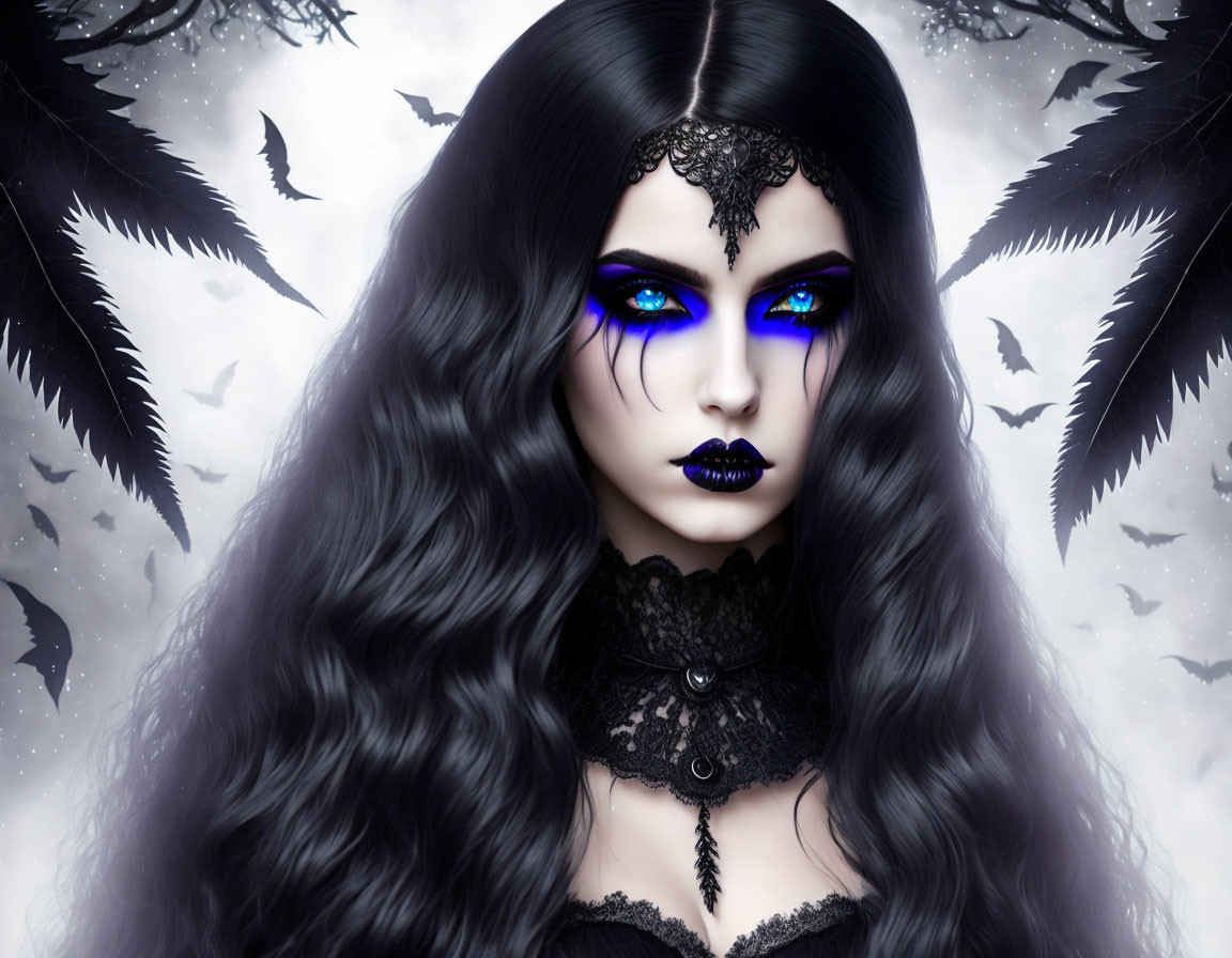 Dark-haired woman with blue eyes in gothic fantasy portrait against bats.