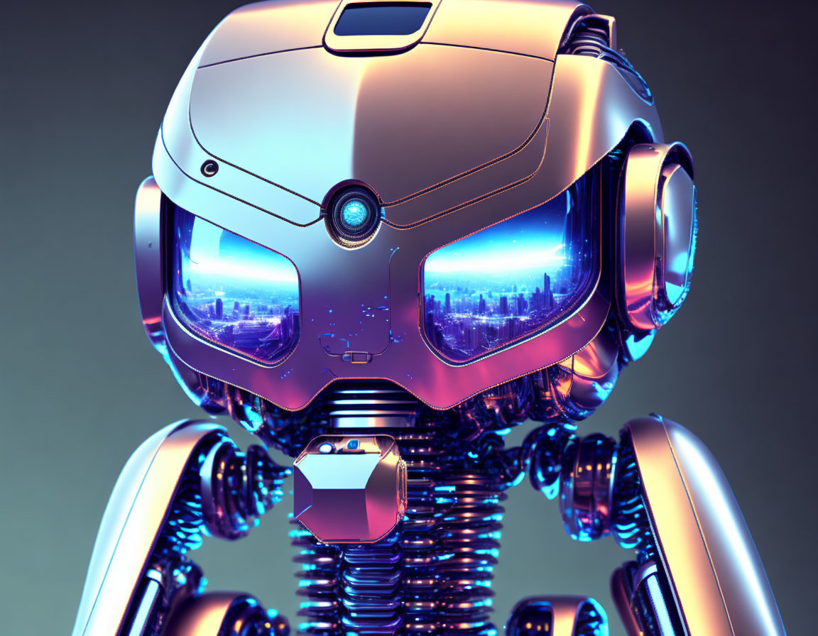 Sleek metallic futuristic robot in urban backdrop